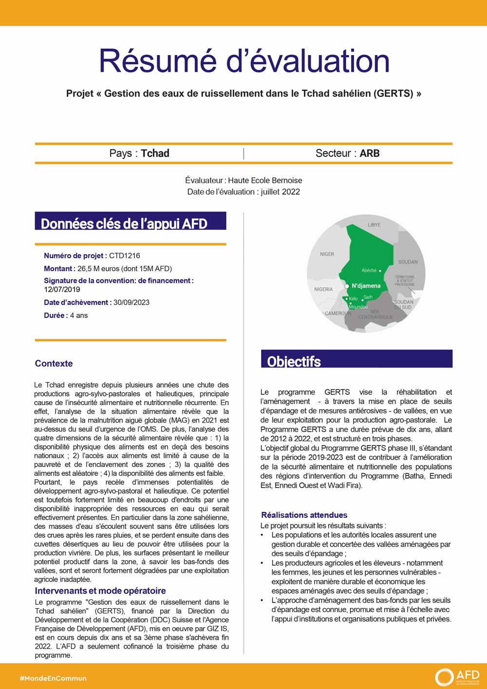 Résumé d'évaluation - Gestion des eaux de ruissellement dans le Tchad sahélien (GERTS) - CTD1216